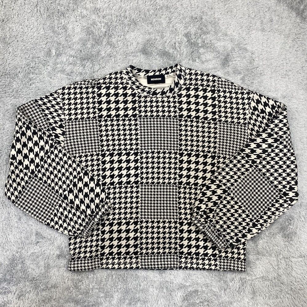Monrow Shirt Women Small Black Houndstooth Sweatshirt Sweater Puff Sleeve USA